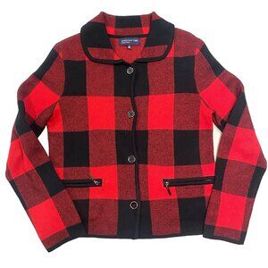 JONES NEW YORK Sweater Blazer Small Red Black CabinCore Buffalo Check Plaid Knit